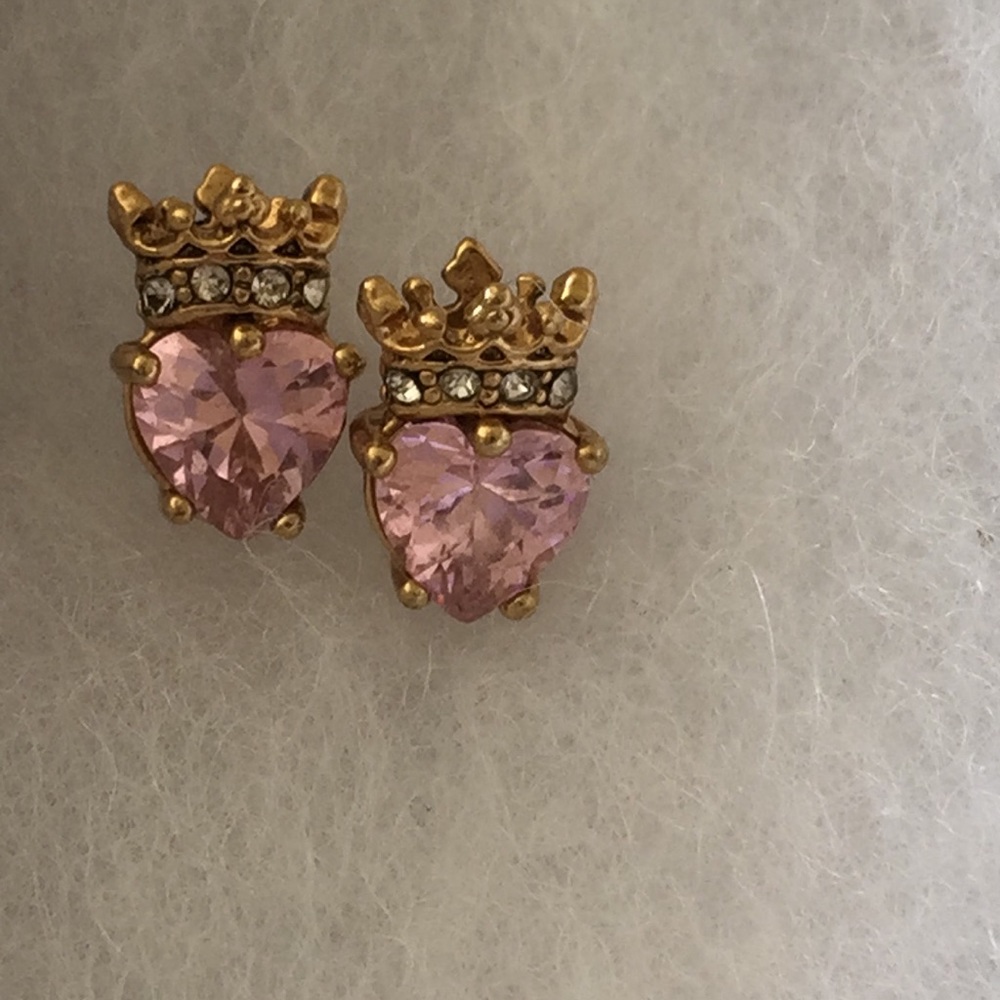 Gold Crown Earrings with Pink Heart